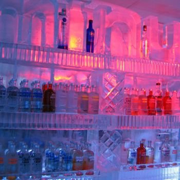 Ice shelves stocked with vodka bottles
