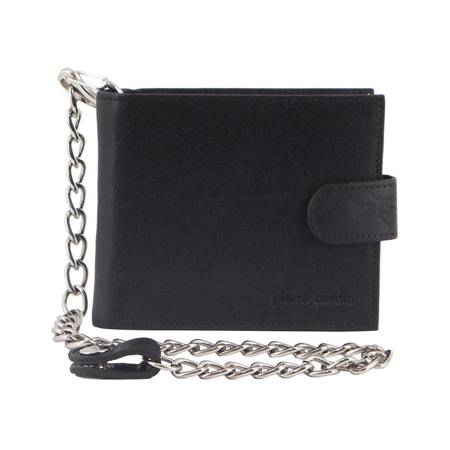 Pierre Cardin Ozzy Men's Rustic Leather Metal Chain Wallet Black Black