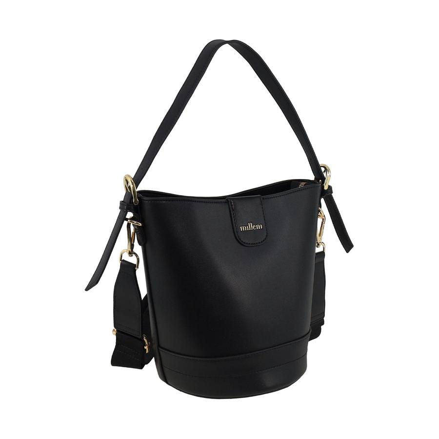 Milleni Eden Ladies Vegan Leather Bucket Crossbody Bag Black Black