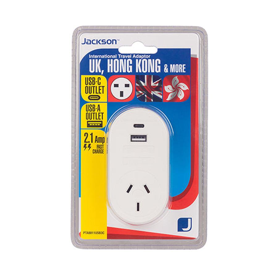 Jackson NZ to UK & Hong Kong Power Adapter with USB & USB-C White White