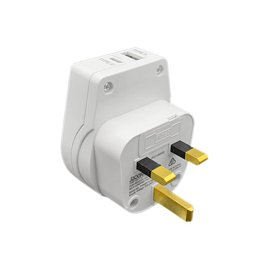 Jackson NZ to UK & Hong Kong Travel Adapter with USB-A & C White White