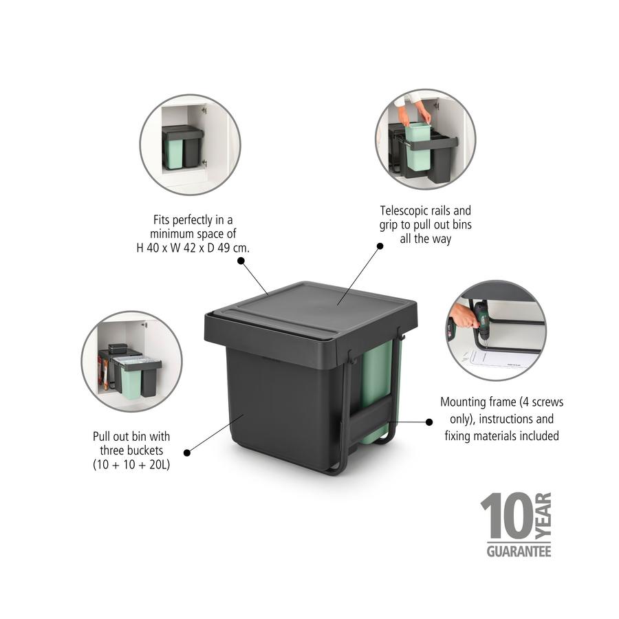 Brabantia Sort & Go Built-In Bin (10+10+20L) Dark Grey & Jade Green Dark Grey & Jade Green