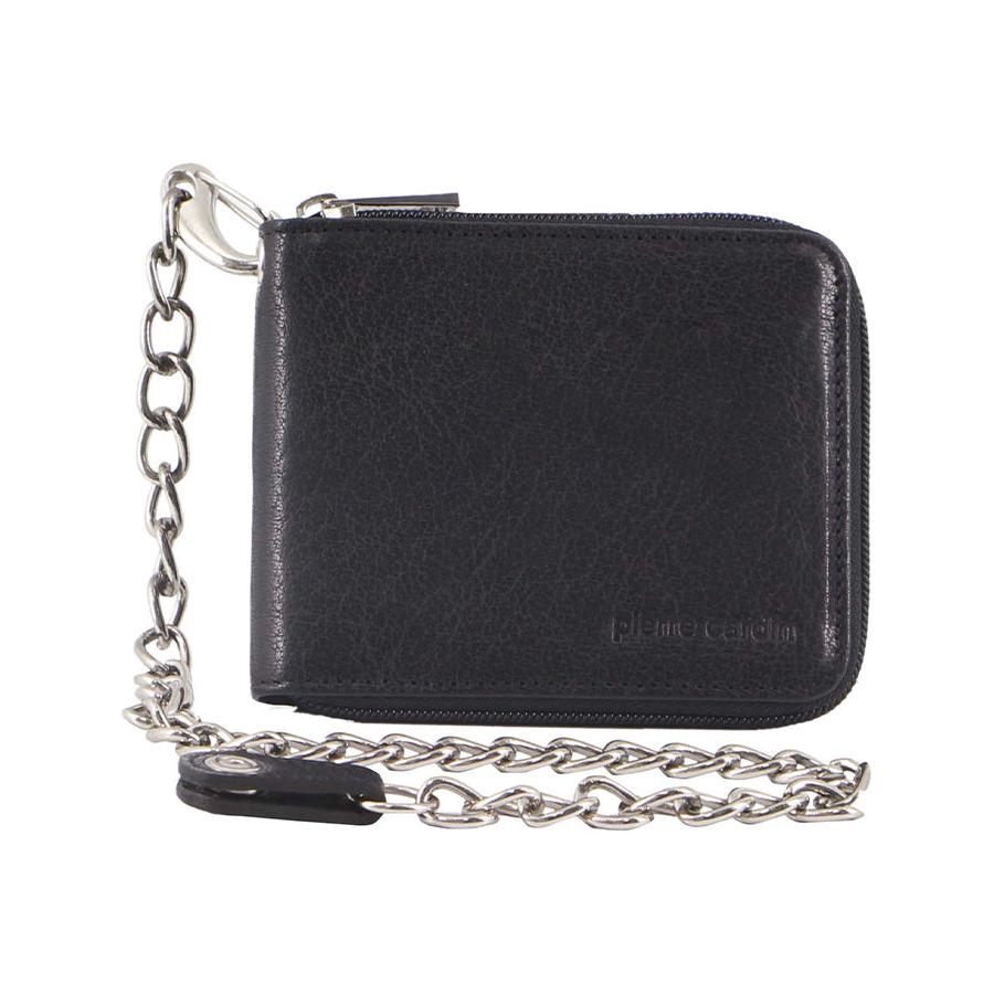 Pierre Cardin Rambo Mens Rustic Leather Metal Chain Wallet Black Black