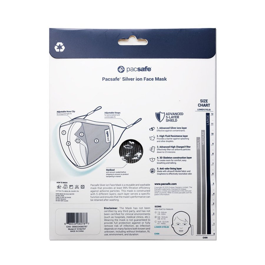 Pacsafe Protective & Reusable Silver Ion Face Mask Grey Large