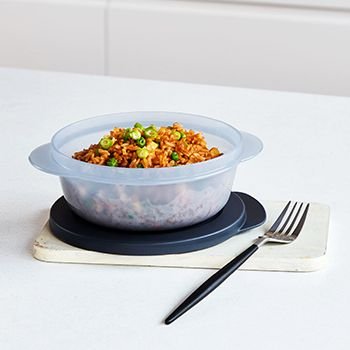 Store, Serve & Go Container filled with rice, fork next to it