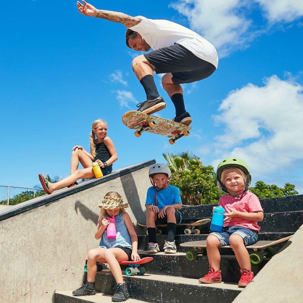 Hydro Flask Kids Drink Bottles on a skate park