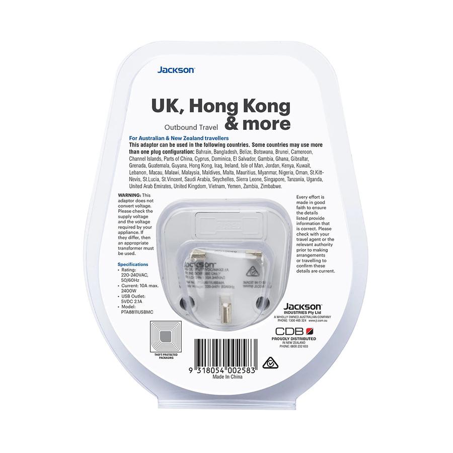 Jackson NZ to UK & Hong Kong Travel Adapter with USB-A & C White White