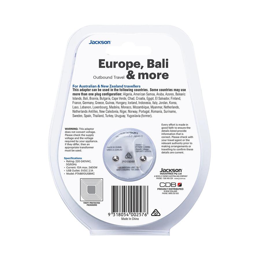 Jackson Slim NZ to EU & Bali Travel Adapter with USB-A & C White White