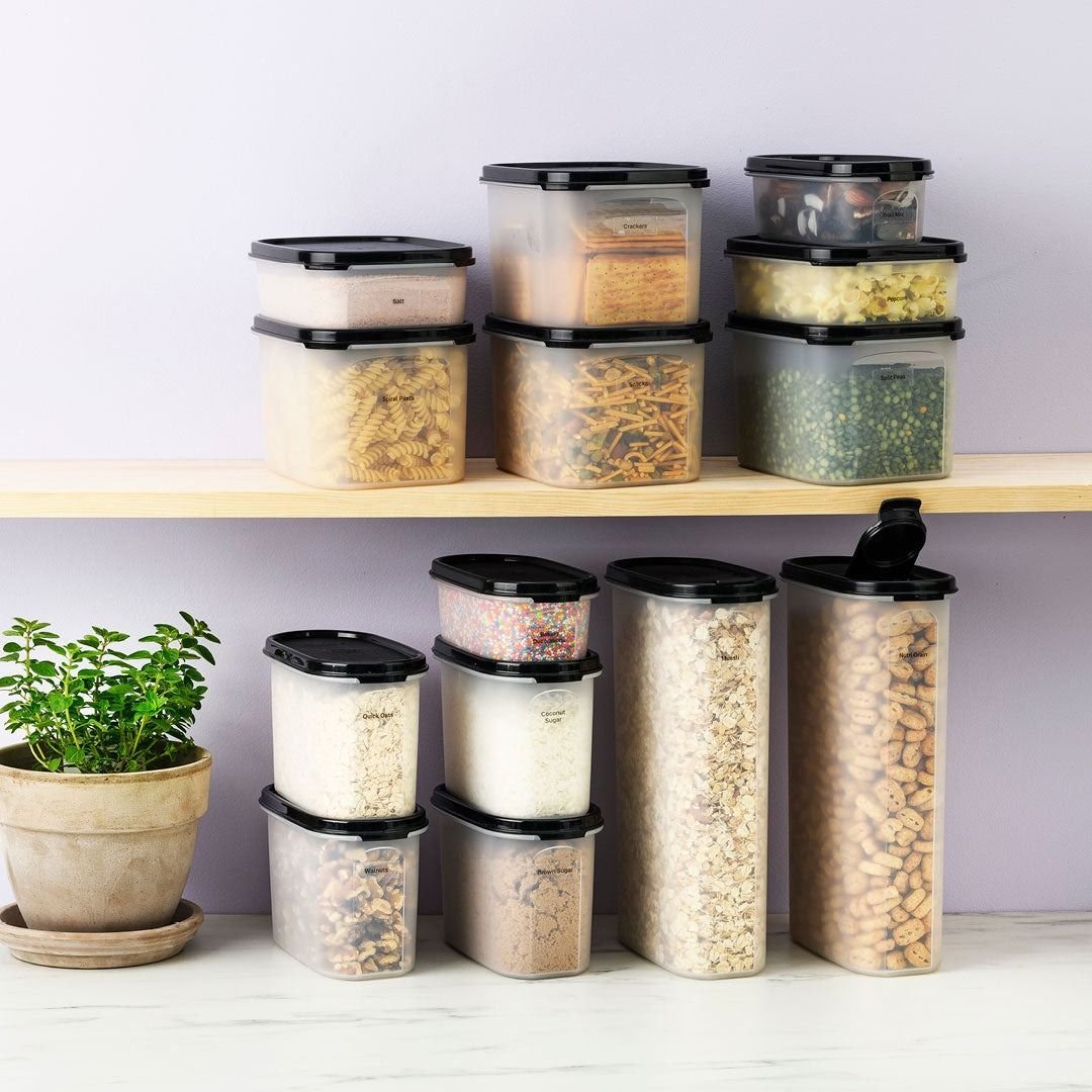 Tupperware Modular Mates Containers stacked on top of eachother on a pantry shelf