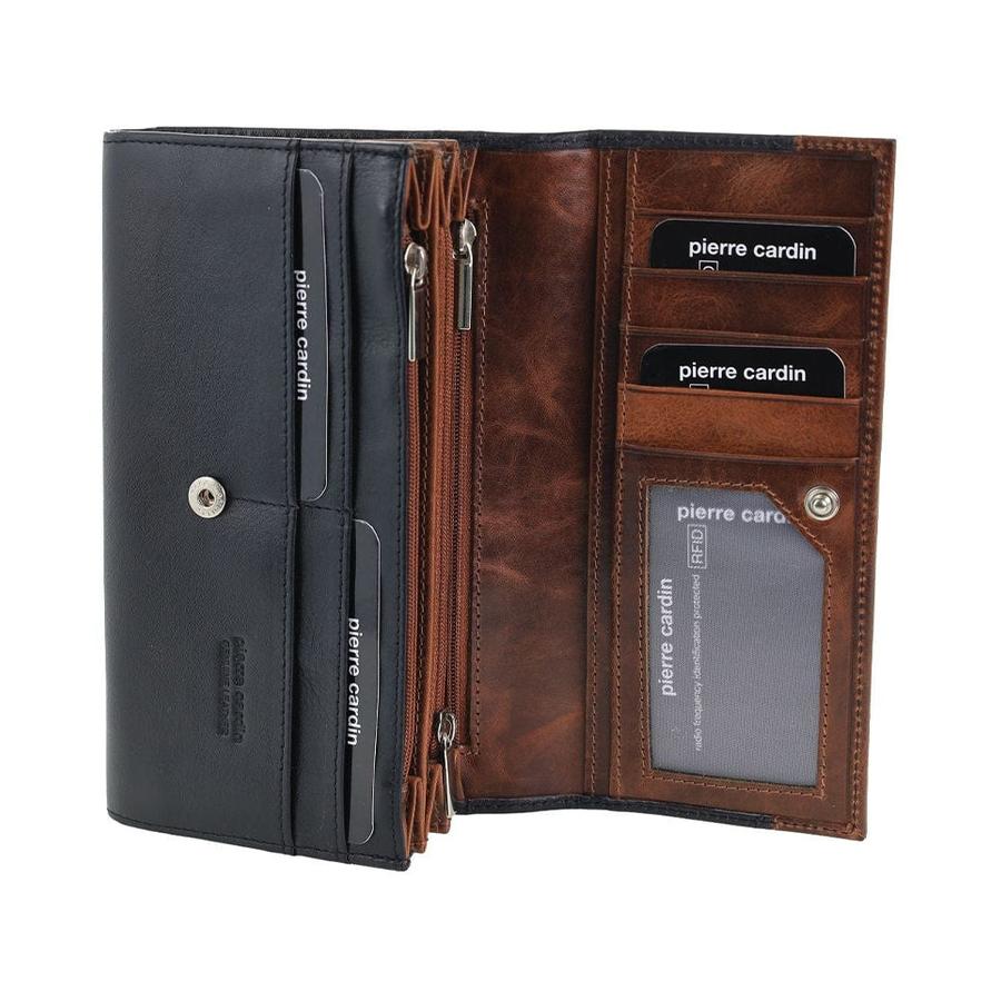 Pierre Cardin Stella Ladies Leather Rustic Flat Wallet Black/Cognac Black/Cognac