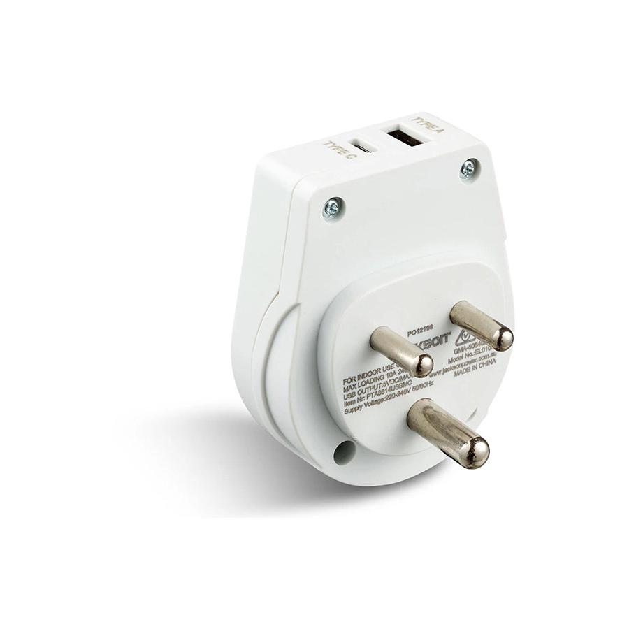 Jackson Slim NZ to India Travel Adapter with USB-A & C White White