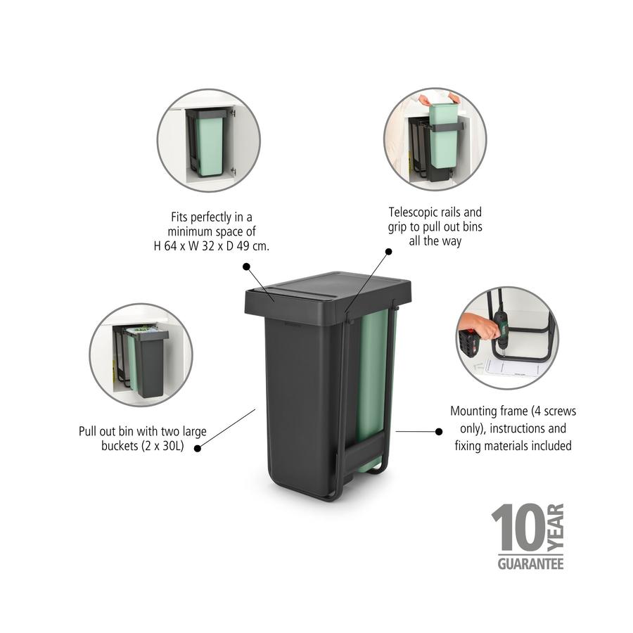 Brabantia Sort & Go Built-In Bin (2 x 30L) Dark Grey & Jade Green Dark Grey & Jade Green