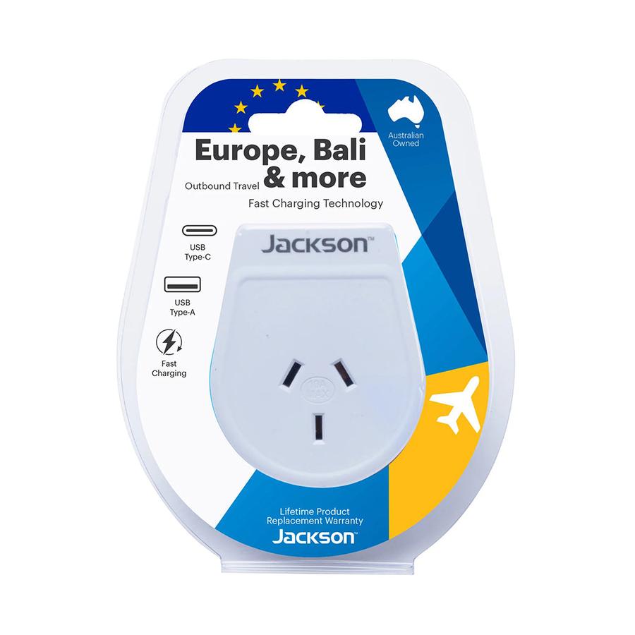 Jackson Slim NZ to EU & Bali Travel Adapter with USB-A & C White White