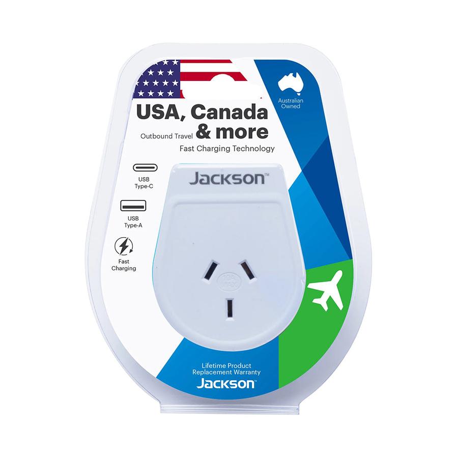 Jackson Slim NZ to USA Travel Adapter with USB-A & C White White
