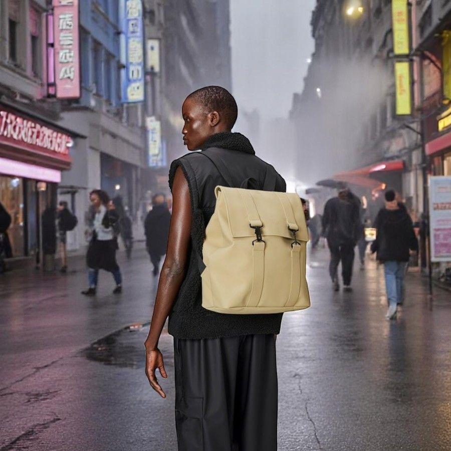 Wman wearing a Rains MSN bag in sand on a wet, busy street