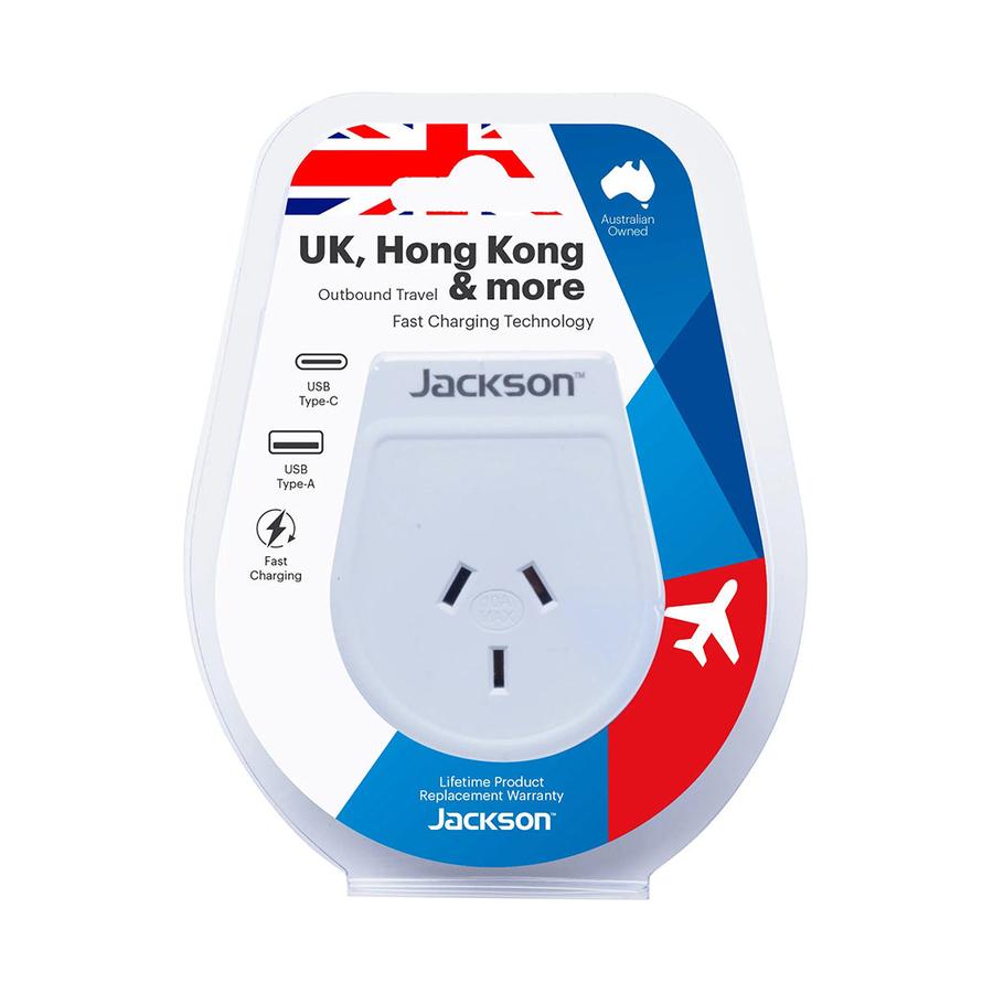 Jackson NZ to UK & Hong Kong Travel Adapter with USB-A & C White White
