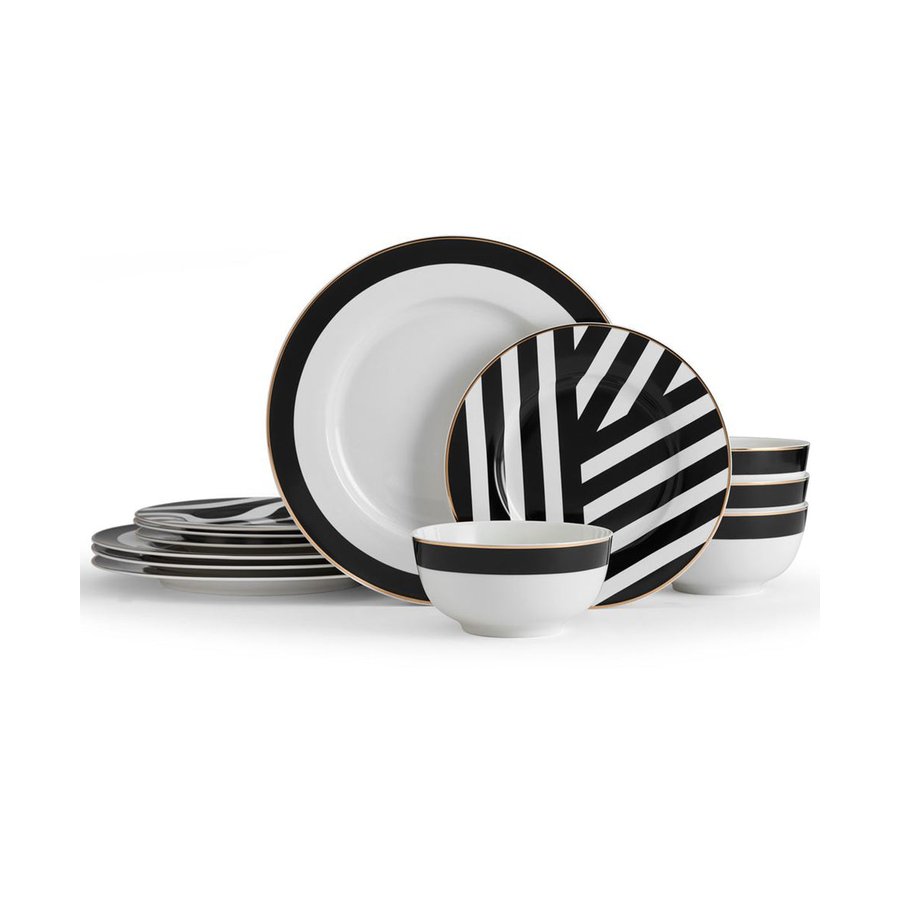 Mikasa Luxe Deco 12-Piece China Dinner Set Black/White Black/White