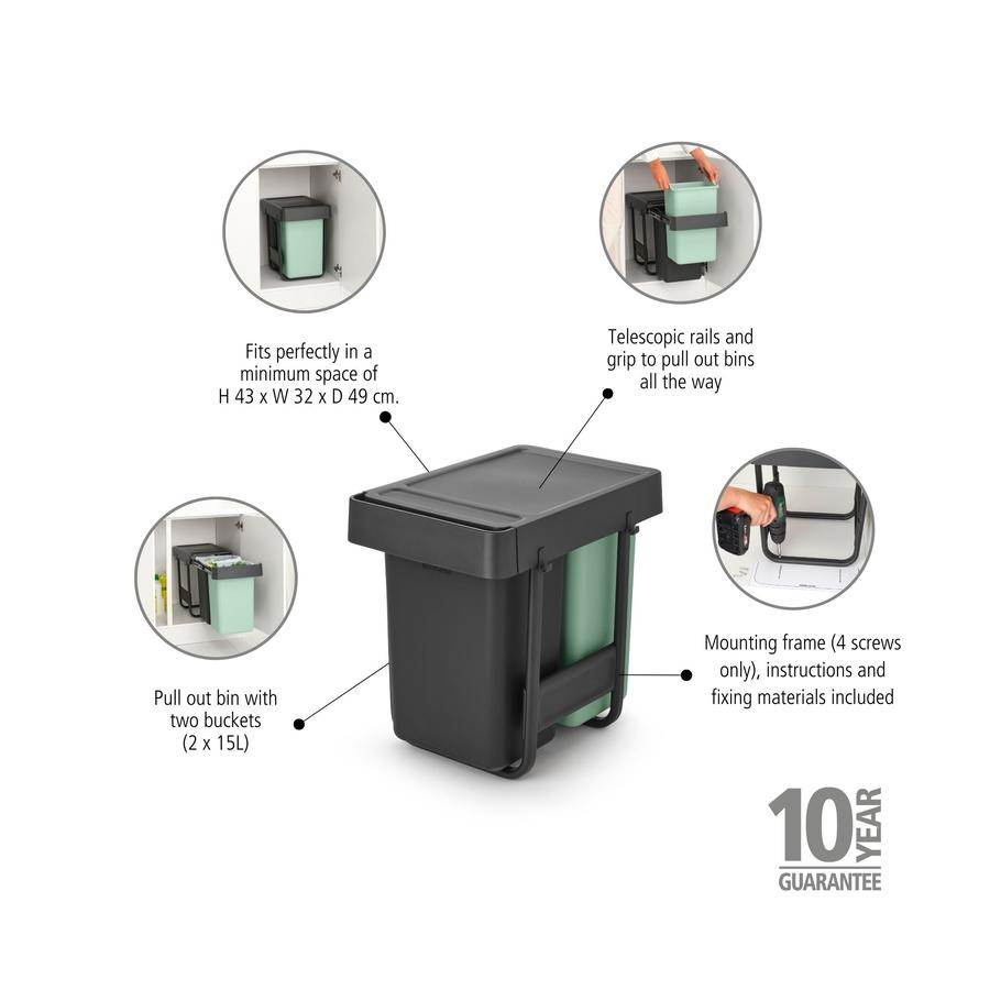 Brabantia Sort & Go Built-In Bin (2 x15L) Dark Grey & Jade Green Dark Grey & Jade Green