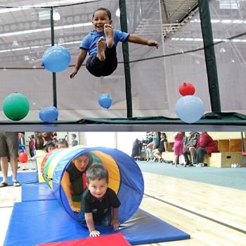 Kids jumping and crawling through tunnels at Tumble Time