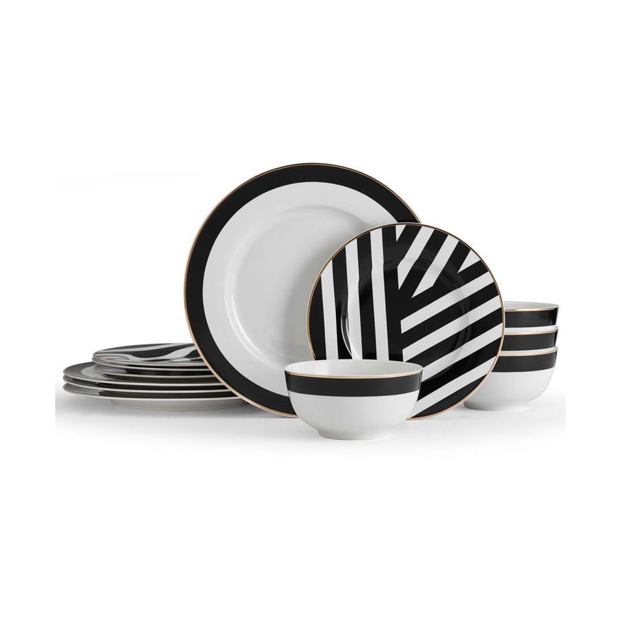 Mikasa Luxe Deco 12-Piece China Dinner Set Black/White Black/White