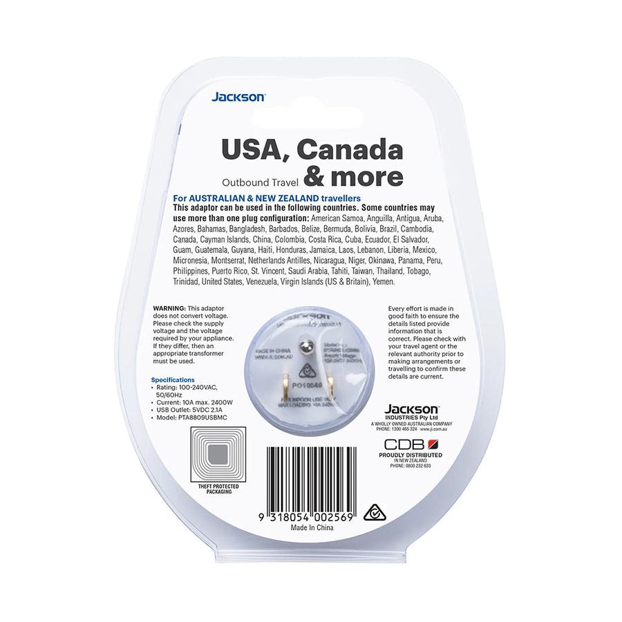 Jackson Slim NZ to USA Travel Adapter with USB-A & C White White
