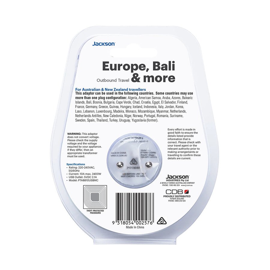 Jackson Slim NZ to EU & Bali Travel Adapter with USB-A & C White White