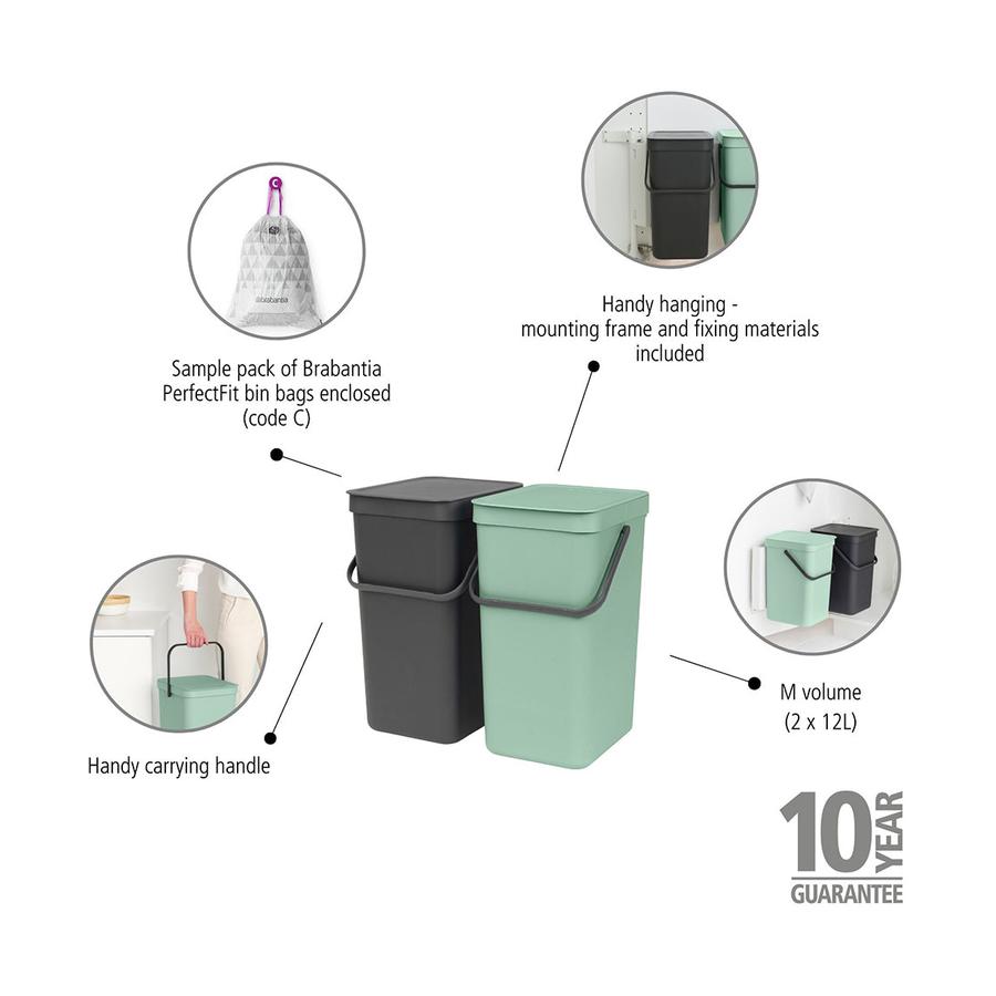 Brabantia Sort & Go Built-In Bin (2 x 12L) Jade Green/Grey Jade Green/Grey